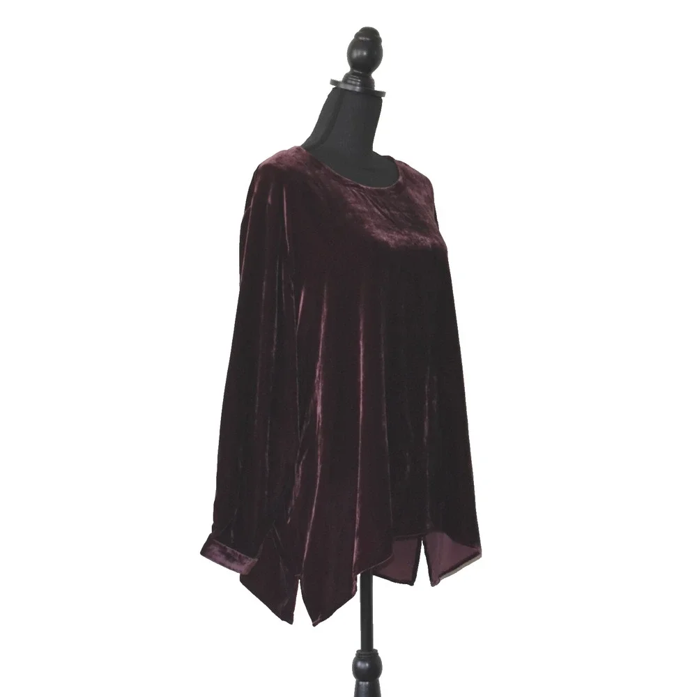 B0 NWT EILEEN FISHER Dark Burgundy Velvet Long Sleeve Round Neck Top Sz 2X $248 - Picture 2 of 5